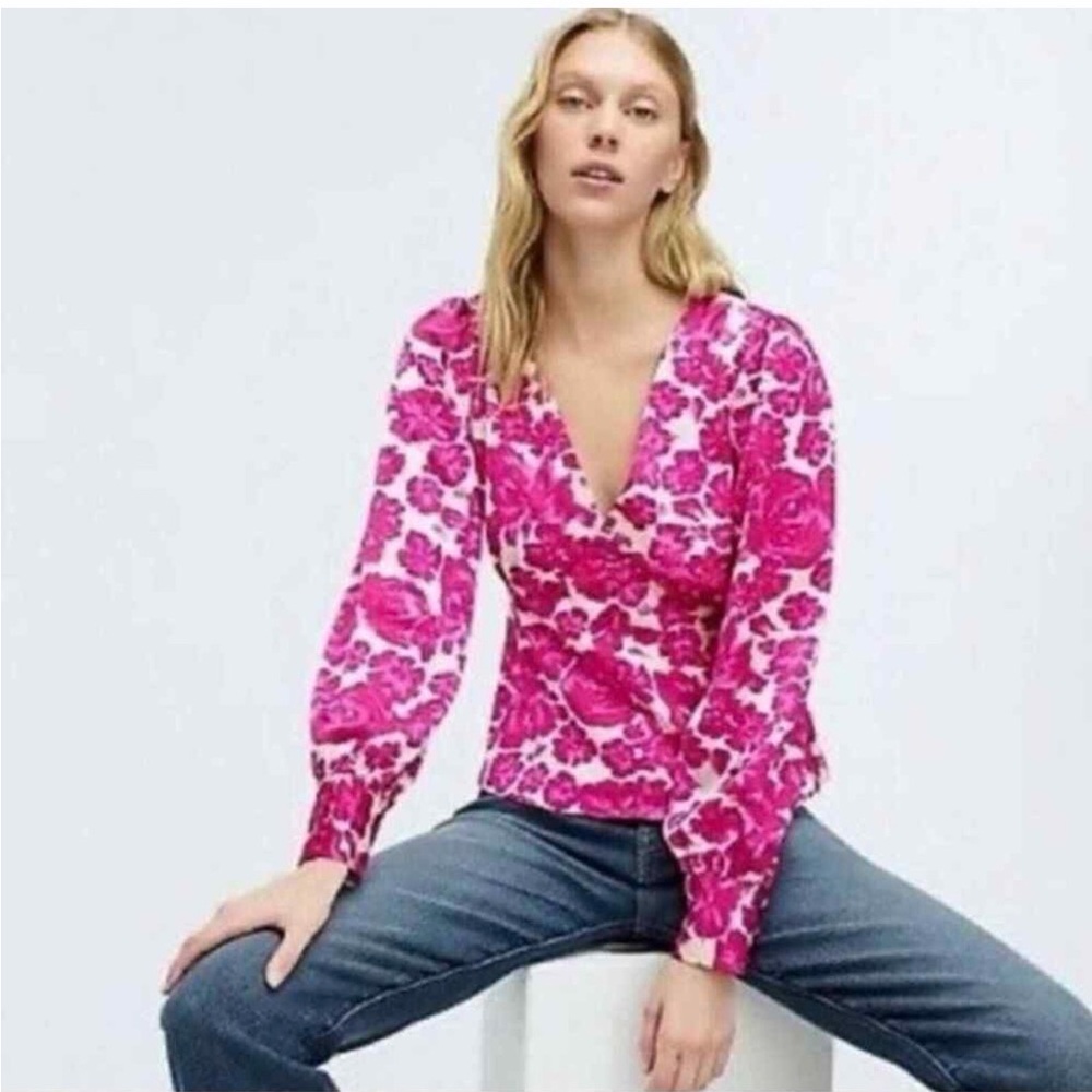 J.Crew satin-backed crepe V-neck long-sleeve fuchsia floral print buttons blouse